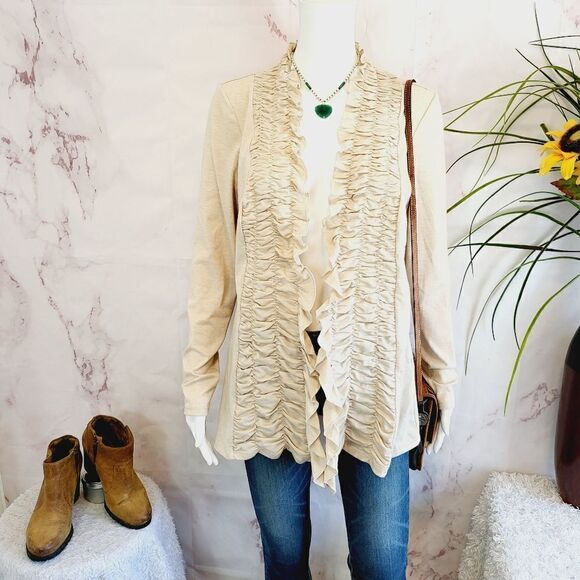 Milano open front ruched ruffle cream cardigan - Picture 2 of 7